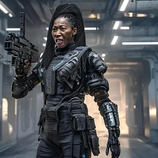 Prompt: 40 year old 160 lb Black Lady Jo Martin with short braids shouting angrily wearing an armored futuristic scifi military uniform and holding an advanced exotic shotgun in full color
