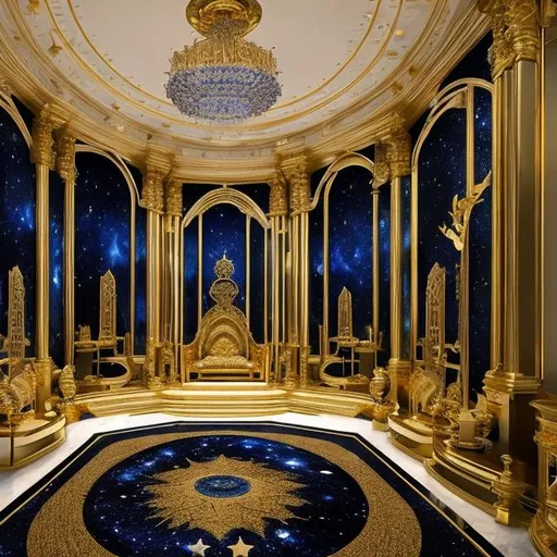 Prompt: a space themed majestic room with gold accents and a night sky, throne, stairs, windows, exotic plants, stars, majestic, carpet, beautiful, amazing, 8k, high quality, gold statues