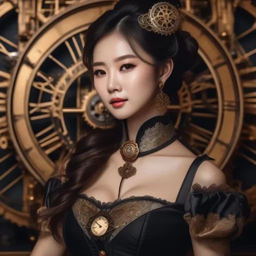 Prompt: Asian woman and beautiful pretty art 4k full raw HD(round face, high cheekbones, almond-shaped brown eyes, small delicate nose), steampunk outfit, black bustier corset, lace jacket, active pose, rococo, steampunk, backdrop clockwork machines, masterpiece, intricate detail, hyper-realistic, photorealism, hyper detailed texturing, high resolution, best quality, UHD, HDR, 8K, award-winning photograph, octane render