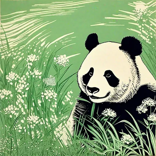 Prompt: A panda sitting in a field of weed farm and small green buds blowing through the wind, pastel colors , andy warhol , woodblock print by Hokusai