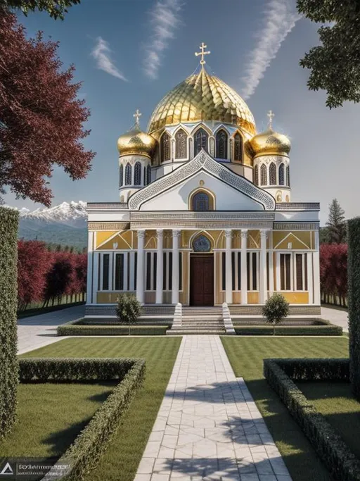 Prompt: Please create the artistic image of Abkhazia as a very beautiful country by designing high-detailed and exquisite classical Abkhazian cultural buildings and high-end masterpiece Abkhazian Christian Orthodox churches following all the main principles of architecture: axis, symmetry, hierarchy, datum, rhythm, balance and proportions. Use UHD engine 5, Octane 3D, hi res 256 K, HDR, fit in frame, reflective, harmony, realistic. Apply stunning background to the image composition: Caucasus Mountains, biologically flawless palm trees and plants, the coast of the Black Sea.