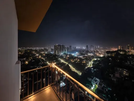 Prompt: city view from high building bulcony under night sky, balcony