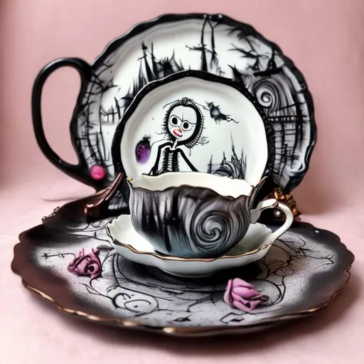 tea set in the style of tim burton