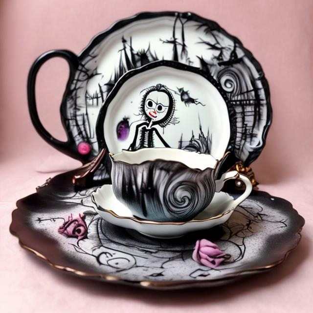 tea set in the style of tim burton