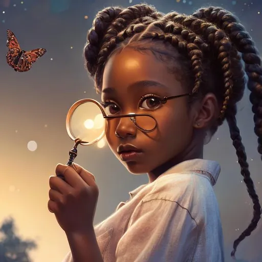 Prompt: Please produce a illustration of a beautiful black girl holding a magnifying glass looking at insects, brown skin color, with braids, night time background, high quality, trending art, trending on art station, sharp focus, studio photo, intricate details, highly detailed, UHD, HDR, 8K, ((Masterpiece))
