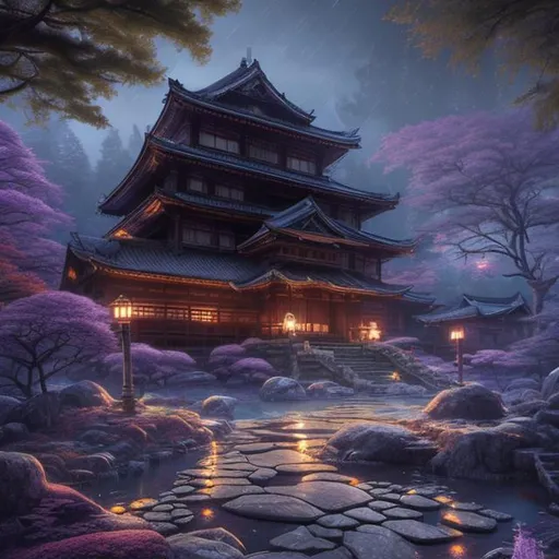 Prompt: japanese castle in ancient forest, nighttime, new moon, flagstone footpaths, digital painting, soft purple lighting, smooth textures, by thomas kinkade