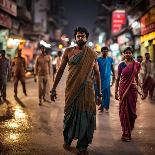 Prompt: Super realistic image of movie actors in the streets of india with cinematic lighting