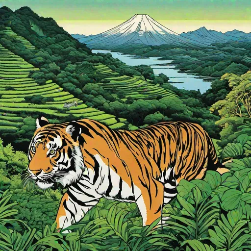 Prompt:  graffiti painting of  A panoramic view of the , with its lush green hills . In the foreground, a  tyger are seen setting off on their journey.  Panoramic View, Lush Landscape, Adventure Begins  , high detailed, intricate,  andy warhol , woodblock print by Hokusai
