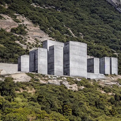 Prompt: brutalist architecture on the side of a mountain.