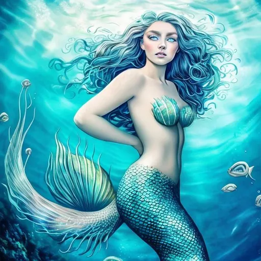 Prompt: photo realistic mermaid underwater with hypnotising blue eyes