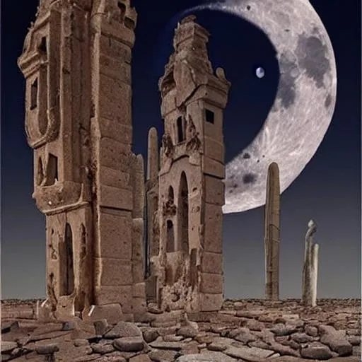 Prompt: Eldritch, creepy ancient city in the desert at night, moon