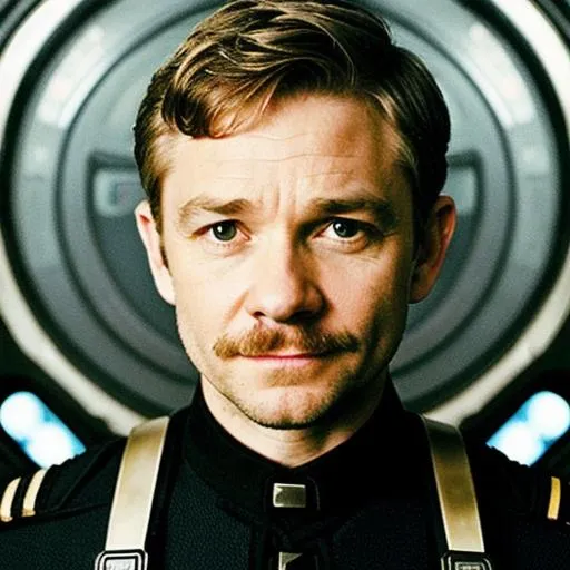 Prompt: Martin Freeman as a sci-fi spaceship captain, with a vintage moustache