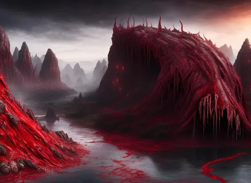 Prompt: ((masterpiece, best quality)),A detailed 8k photograph of a MONSTER MADE OF blood and VEINS bridging a valley between two viking villages ,ultra realistic, concept art,((highly detailed)),8k,bloody,disgusting,creepy,fleshy texture, gory, disgusting,dripping, has a face hidden in it, blood dripping, alien
