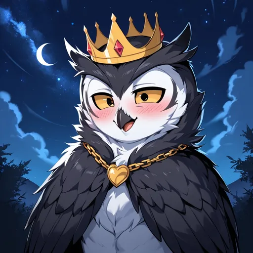 Prompt: Attractive man. Twink. Owl Features. Black feathers. Fluffy. Night sky. Crown. Blushing