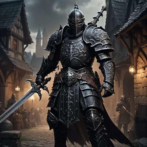 Prompt: Warhammer fantasy RPG-style warrior in black armor, wielding a two-handed sword, detailed armor with intricate engravings, intense and powerful stance, high quality, dark fantasy, detailed weapon, battle-worn armor, dramatic lighting, medieval fantasy, imposing presence, ultra-detailed, dynamic pose, intricate details, striking silhouette, heavy armor, atmospheric lighting, in medieval town