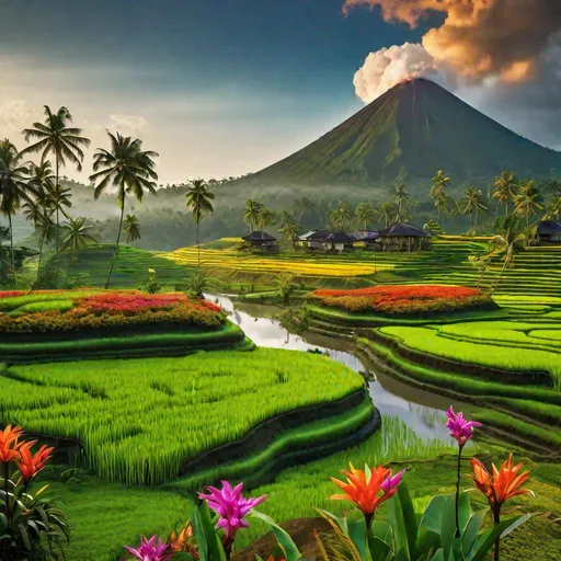Prompt: professional landscape photography, rural Indonesia, background smoking volcano, lush green rice fields, tropical trees in groups, river winding through countryside, foreground colourful tropical flowers, masterpiece, intricate detail, photorealism, hyper-realistic, octane render, 16K, award-winning photograph, UHD, HDR