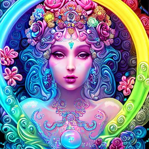 Prompt: Goddess, bubbles, bare top, huge full lips, color, flowers, ornate, intricate, flowing, neon, led, fractals