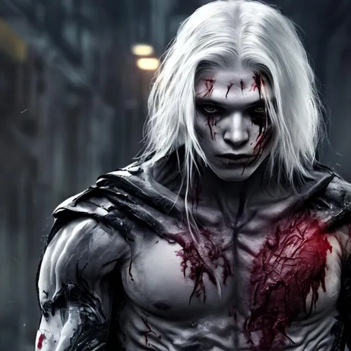 Prompt: human, young, long white hair, men, mutant, scars, black clothes, blood, black armor, boy