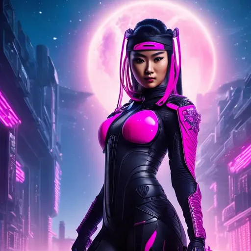 Prompt: create photograph of beautiful  female ninja who is wearing bright pink futuristic ninja suit,  night time and beautiful sky  space and planets an nebulae in sky highly detailed, detailed face, extremely detailed environment, extremely detailed background, extremely detailed skin, extremely detailed clothing, natural colors , professionally color graded, photorealism, 8k, realistic, moody lighting, galactic environment, volumetric lighting