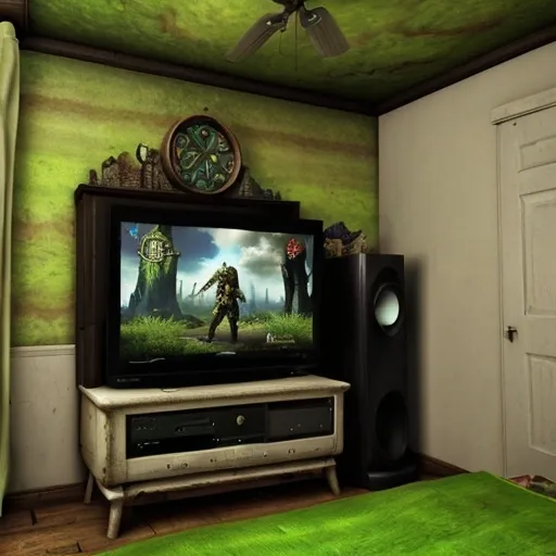 Prompt: A old TV playing the fantasy game two world on Xbox 360 in a small bedroom