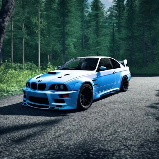 Prompt: blue and white BMW M3 GTR parked in middle of an forest,day time,ultra realistic trees and car