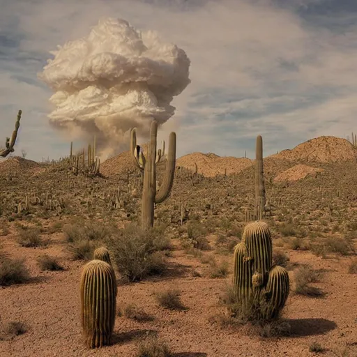 Prompt: Giant mushroom cloud in desert, detailed, realistic, photographed, atomic blast, nuclear, saguaro cactus