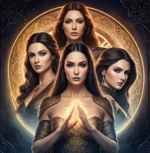 Prompt: Nynaeve al'Meara, elayne trakand, Aviendha, three women casting spell, wheel of time, full body view, wheel of time, Hyper-realistic, perfect, intricate, symmetrical, wide eyes, soft-lighting, detailed-face, high details, UHD, real hands, proper hands, real fingers, proper fingers, no deformed parts
