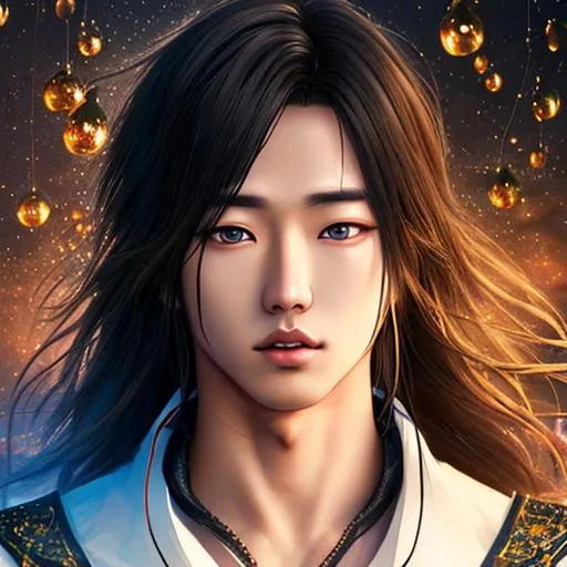 Prompt: hyper realistic 4d, engine unreal, realistic illustration, super detailed beautiful face, full body shot, fantasy themed , night time background, male (Kento Yamazaki),  turned against viewer,  long hair