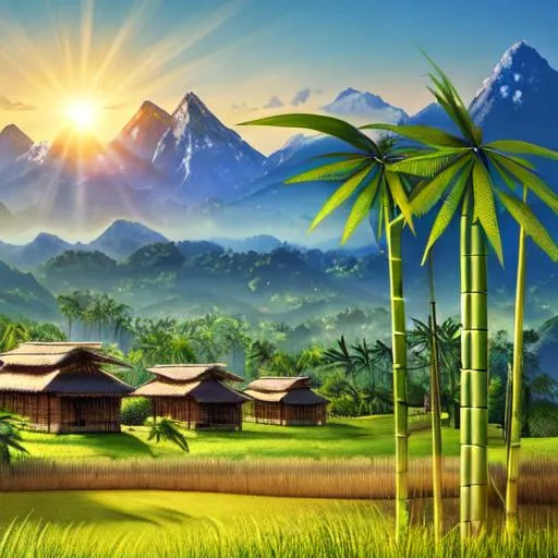 Prompt: A photorealistic landscape showing a field with bamboo houses, with mountains and coconut trees on the background, the sun showing up in between the mountains on a summer.