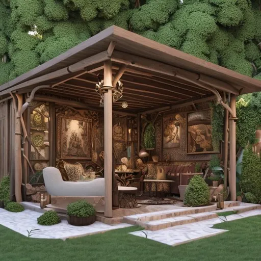 Prompt: Create a luxury stand alone enclosed structure, in a backyard. Modern architectural design. Resembling a "she-shed" or "babe cave". Professional Photo Realistic Image, hyper detailed, intricately detailed, intricate detail, 8k resolution, masterpiece, splash arts, ultra details Ultra realistic, hi res, UHD, 64k, HDR.