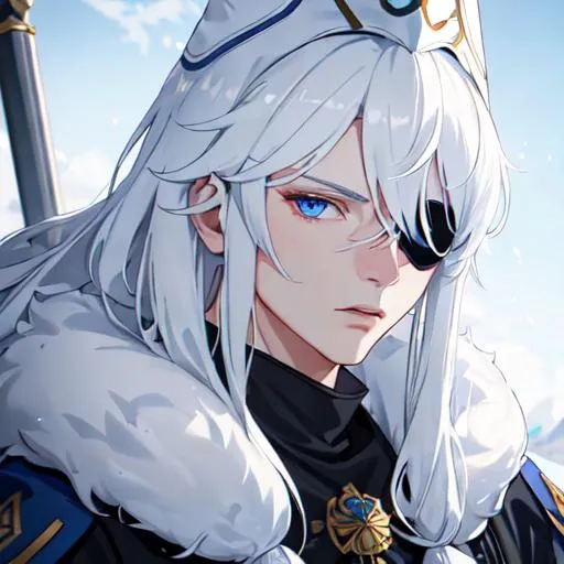 Prompt: Russia as a male human, 8k, UHD,  highly detailed, white hair, blue eyes, wearing a fluffy giant jacket and a ushanka, wearing an eye patch, close up