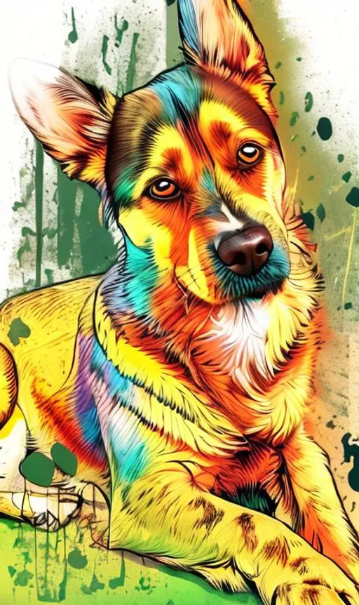 Prompt: dog facing camera, comic style, background mottled, using bright colours, semi-realistic