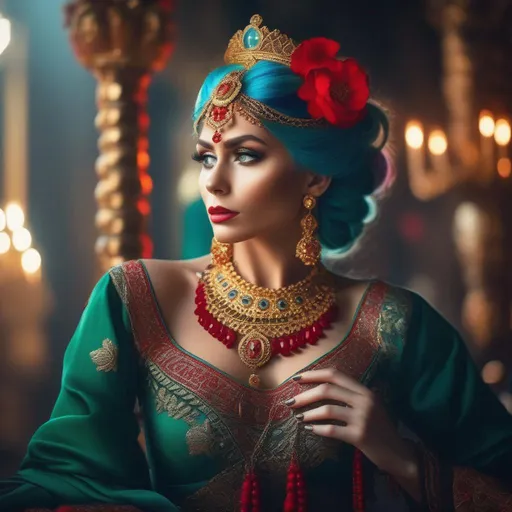 Prompt: a gorgeous and breathtaking 4k hdr photo of a Monkey empress, with green eyes and colorful hair, wearing a long red and blue dress, holding a giant golden cross with beautiful red ruby jewels and skulls embedded into it