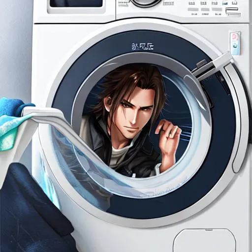 Prompt: Squall from Final Fantasy inside of a washing machine