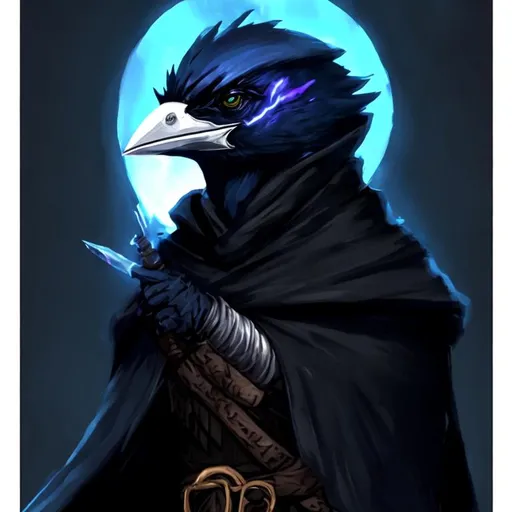 Prompt: Dnd magpie person with a scar on their top beak wearing a black cloak and holding a quarterstaff