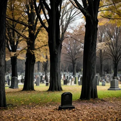 Prompt: draw a fall cemetery, dark toned, dead, leaves have fallen, detailed, gothic, realism