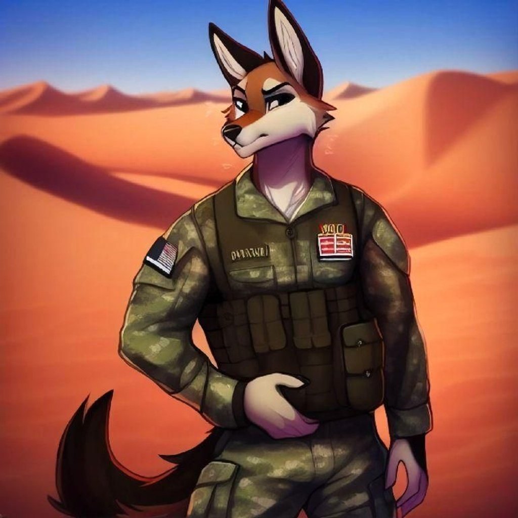 Prompt: High quality, 8K, UHD, 3D, 2D, fullbody, coyote, male, man, masculine, military, US Military, army, desert digital camo, camo, shirt, short sleeve, black vest, realistic fur, tail, black knee pads, eyes, realistic eyes, cartoon eyes, colorful eyes, standing up, desert, military post, military base
