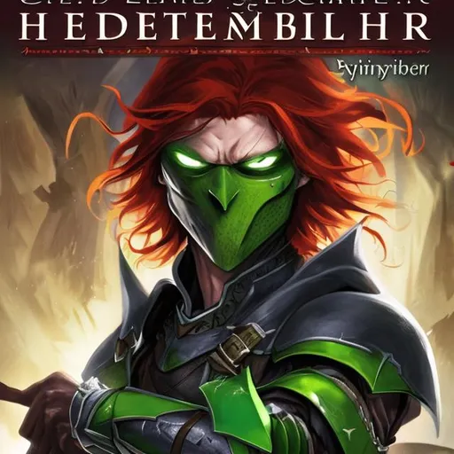 Prompt: Book cover, red haired guy, cybirnetic right eye, right eye scar, green armor, cybirnetic gloves 