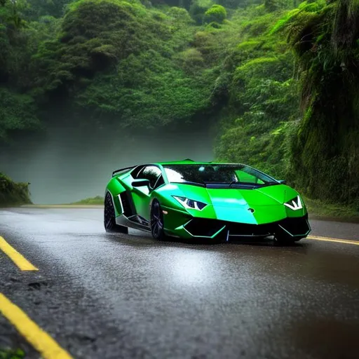 Prompt: Lamborghini lanzador green in the rain forest beach
