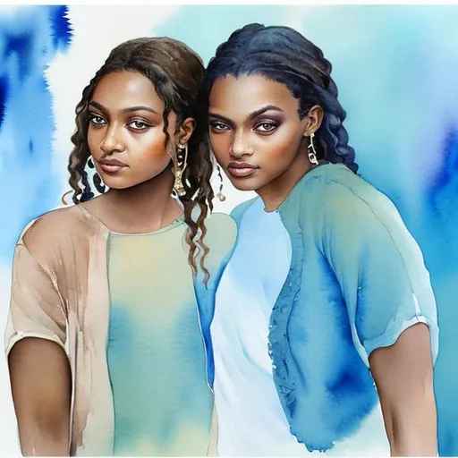 Prompt: Watercolor painting of multiple transparent layers in light blue hues. The painting depicts two brown skinned sisters mirroring each other. 