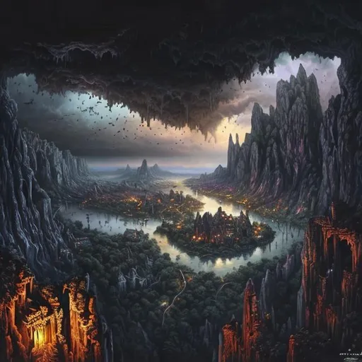 Prompt: professional oil-painting of {a underground cave city, bats}, perfect viewpoint, highly detailed, drone photo, wide-angle lens, hyper realistic, with dramatic sky, surreal, dark, color splash, vivid colors, everything in sharp focus, HDR, UHD, 64K