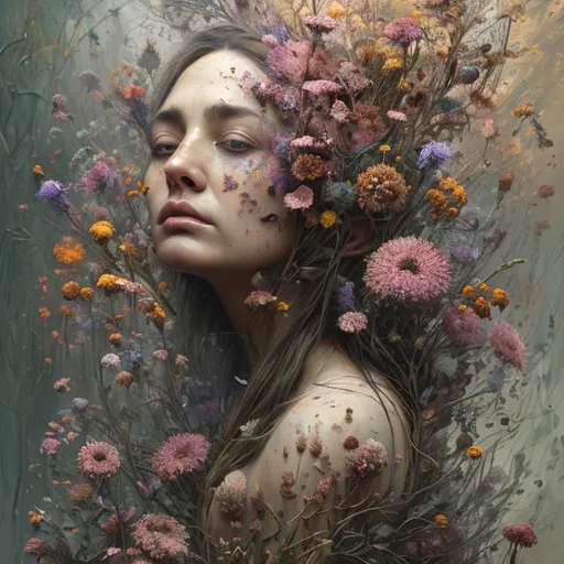 woman caught in a Chaotic Whirlwind Of Wildflowers A... | OpenArt