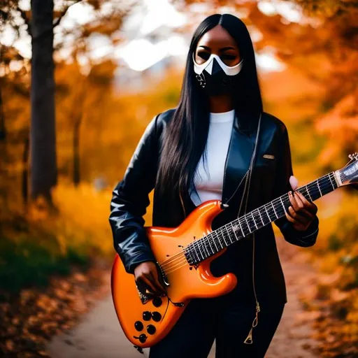 Prompt: A woman with dark skin, wearing a gas mask {skull paint job}, holding a guitar. warm autumn colors.