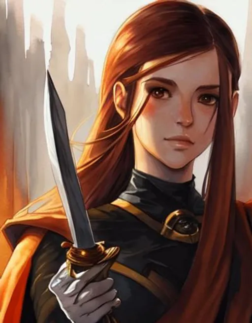 Prompt: Watercolor art, young woman, brown eyes, closed orange cloak, sci-fi, black pants, long brown hair, holding a dagger