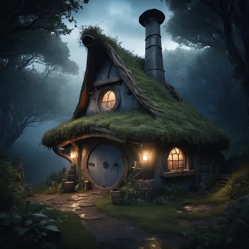 Prompt: Weathered, fantasy RPG style hobbit hut in forest, high res, eerie atmosphere, dark mood, after rain, detailed structure, detailed foliage, various trees, high quality, detailed, RPG, fantasy, weathered, atmospheric lighting, dense foliage, diverse trees, rustic, dark blue tones, smoke from chimney, night