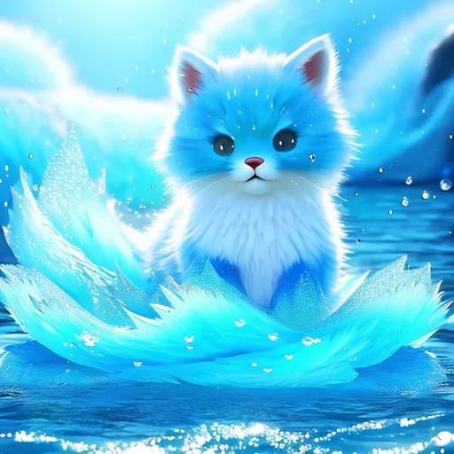 Prompt: Cute, light blue fur, watery fur, water cat, possessing the element of water and making circles of mist and water droplets move around in the air in a magical way. Perfect features, extremely detailed, realistic, complimentary colors, ocean background