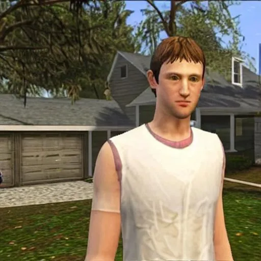 Prompt: Grand Theft Auto San Andreas (2004) awkward cutscene mod featuring Uncanny valley ((Mark Zuckerberg)) cosplaying as young CJ Carl Johnson from GTA San Andreas, white sleeveless tanktop, player model, grove st, mod, focus on face, protagonist, ghetto, psp screenshot, ps1 gameplay, Dreamcast graphics, San Andreas Mod, GTA SA, Compton, curly Caesar haircut, Oblivion npc