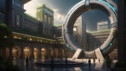 Prompt: magical portal between cities realms worlds kingdoms, circular portal, ring standing on edge, upright ring, freestanding ring, hieroglyphs on ring, complete ring, ancient babylonian architecture, gardens, hotels, office buildings, shopping malls, large wide-open city plaza, turned sideways view, futuristic cyberpunk tech-noir setting