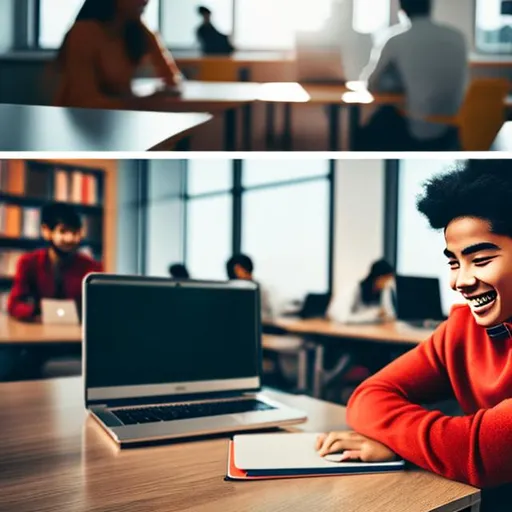Prompt:  A split screen. On one side, a student at a desk surrounded by books, papers, and a laptop. On the other, the same student laughing with friends, playing a sport, and enjoying a hobby.]