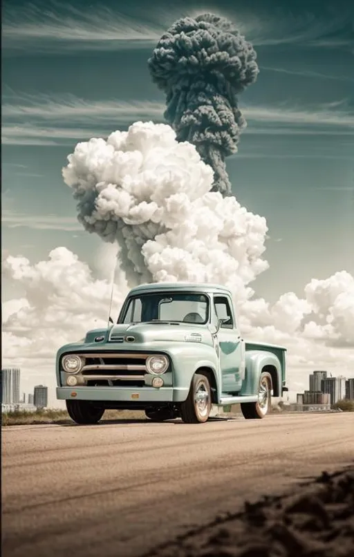 Prompt: A 1953 Ford F-100 driving g away from a vintage American city skyline. Dramatic sky and clouds. A classic [mushroom cloud] rises over city.